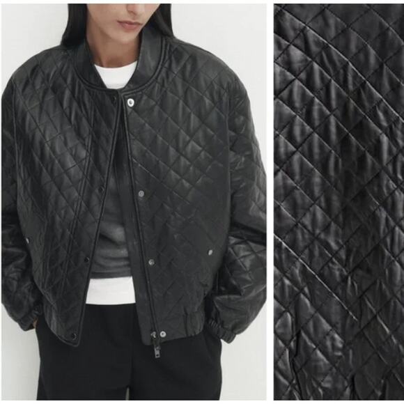 Massimo Dutti Black Sheepskin Leather Quilted Bomber Jacket. Size M